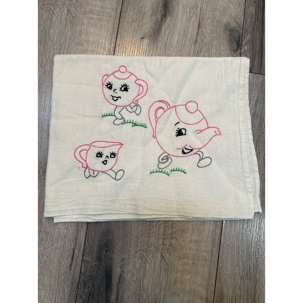 Vintage Embroidered Tea Towel With Animated Teapot & Cup Design